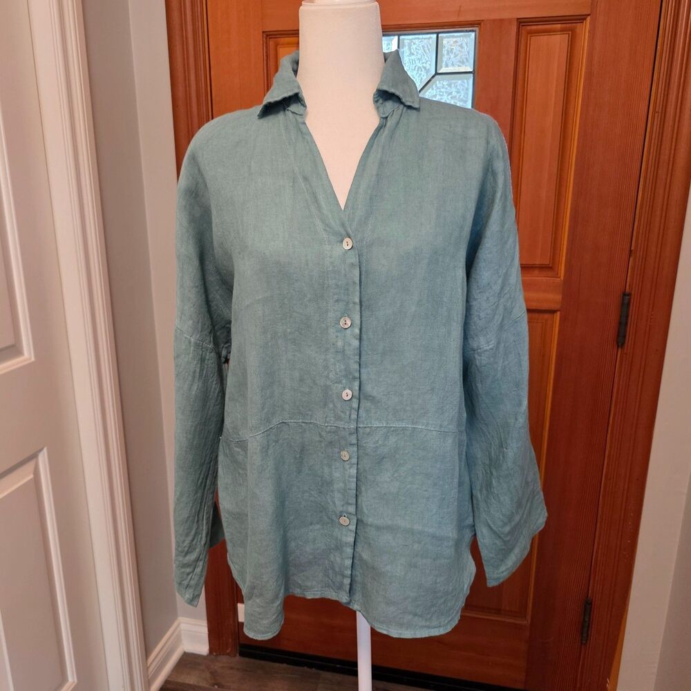 Meo Meli Italy Linen Button Up Shirt Top Roll Tab Sleeve One Size Teal Green
